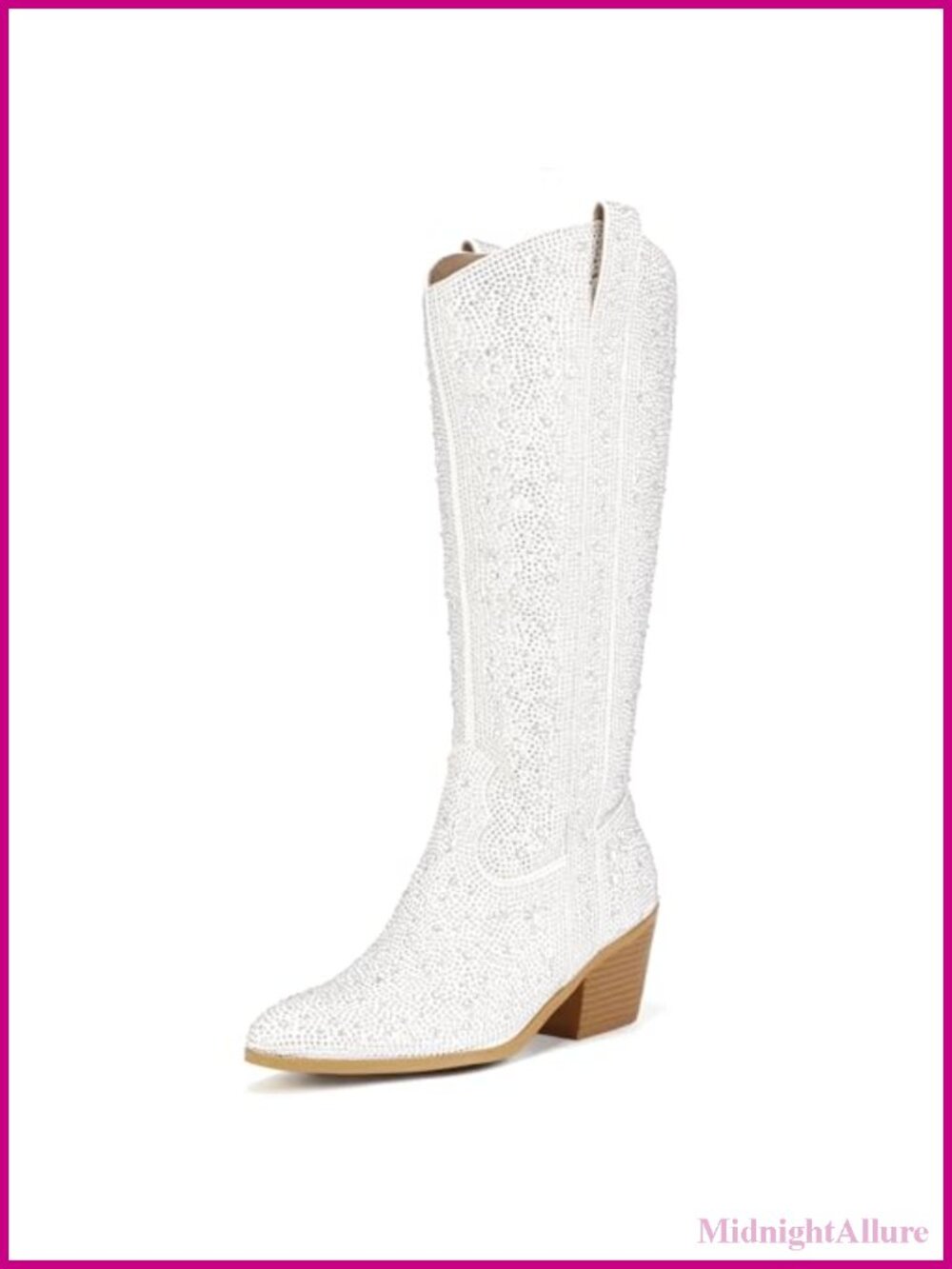 Rhinestone Pointed Toe Knee High Western Cowboy Boots Block Heel